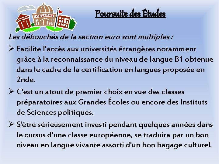  Poursuite des Études Les débouchés de la section euro sont multiples : Ø