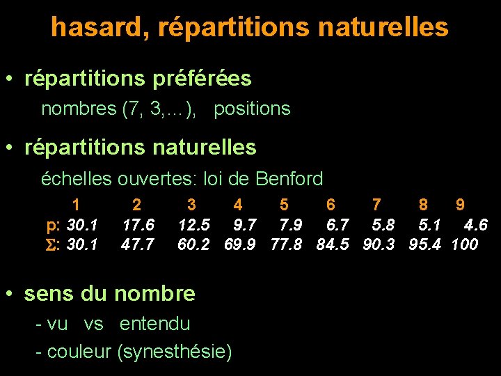 hasard, répartitions naturelles • répartitions préférées nombres (7, 3, …), positions • répartitions naturelles