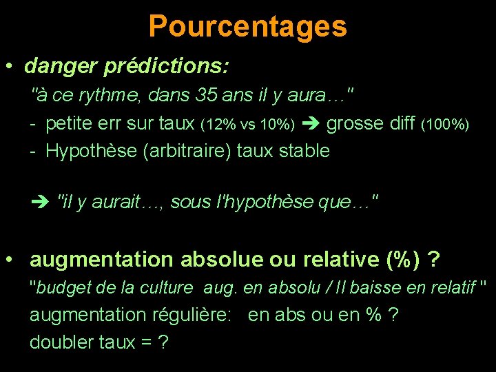 Pourcentages • danger prédictions: "à ce rythme, dans 35 ans il y aura…" -