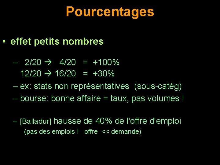 Pourcentages • effet petits nombres – 2/20 4/20 = +100% 12/20 16/20 = +30%