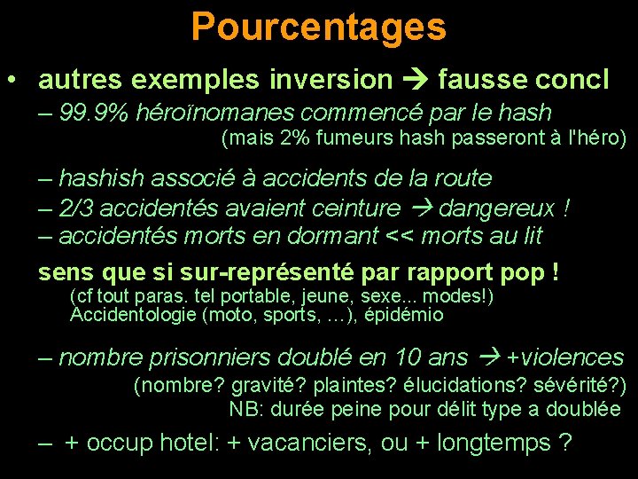 Pourcentages • autres exemples inversion fausse concl – 99. 9% héroïnomanes commencé par le