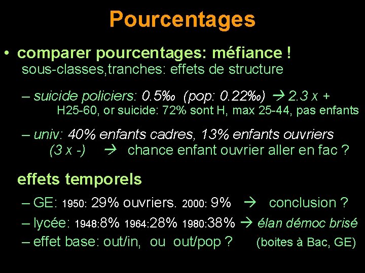 Pourcentages • comparer pourcentages: méfiance ! sous-classes, tranches: effets de structure – suicide policiers: