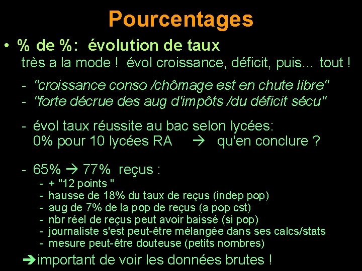 Pourcentages • % de %: évolution de taux très a la mode ! évol