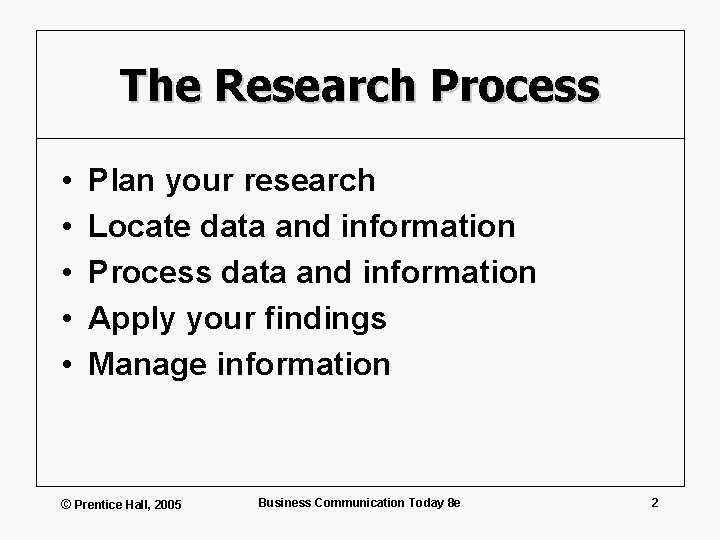 The Research Process • • • Plan your research Locate data and information Process