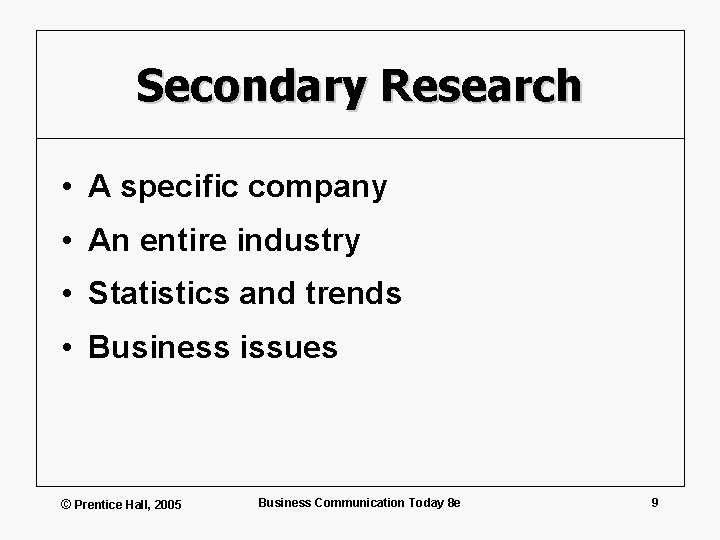 Secondary Research • A specific company • An entire industry • Statistics and trends