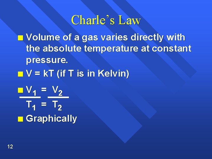 Charle’s Law Volume of a gas varies directly with the absolute temperature at constant