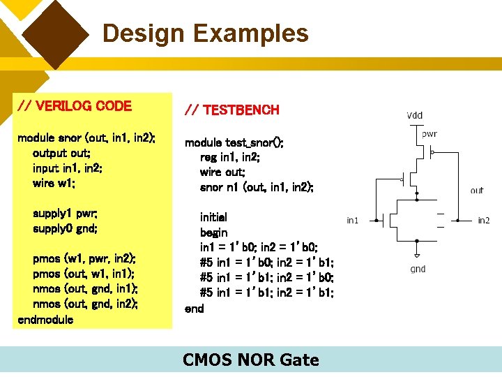 Design Examples // VERILOG CODE // TESTBENCH module snor (out, in 1, in 2);