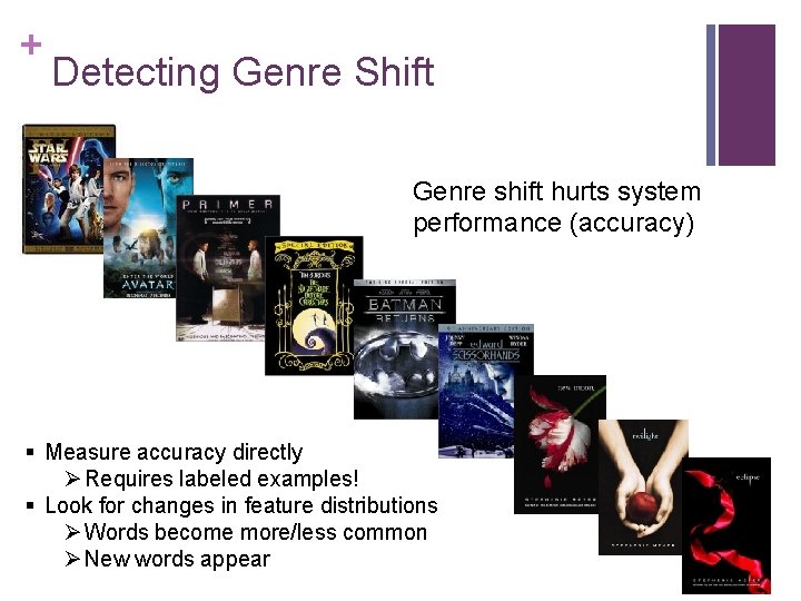 + Detecting Genre Shift Genre shift hurts system performance (accuracy) § Measure accuracy directly