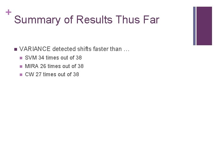 + Summary of Results Thus Far n VARIANCE detected shifts faster than … n