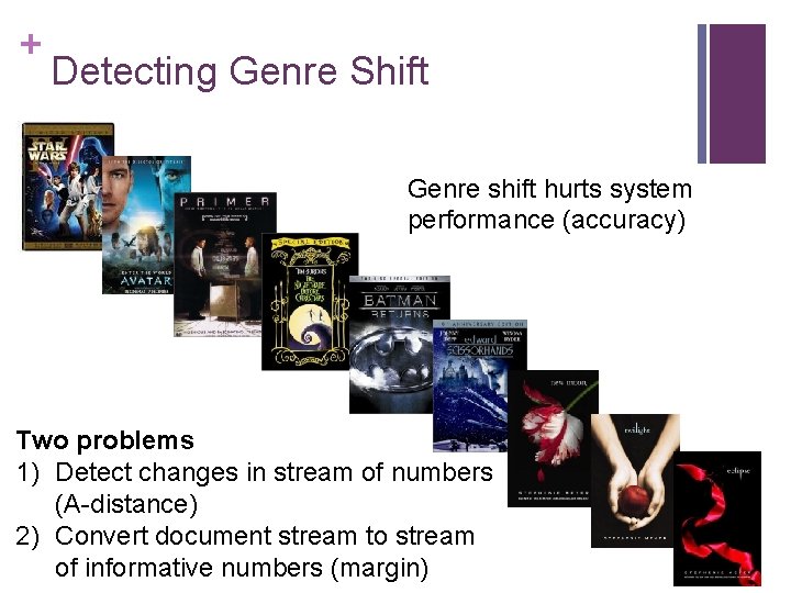 + Detecting Genre Shift Genre shift hurts system performance (accuracy) Two problems 1) Detect