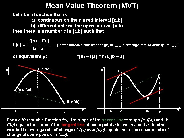 Mean Value Theorem (MVT) Let f be a function that is a) continuous on