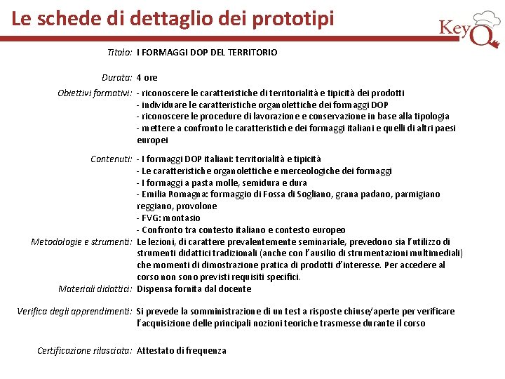 Le schede di dettaglio dei prototipi Titolo: I FORMAGGI DOP DEL TERRITORIO Durata: 4