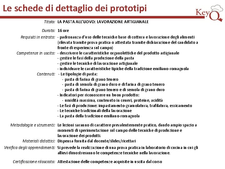 Le schede di dettaglio dei prototipi Titolo: LA PASTA ALL’UOVO: LAVORAZIONE ARTIGIANALE Durata: 16