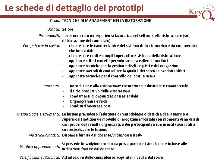 Le schede di dettaglio dei prototipi Titolo: TECNICHE DI MANAGEMENT NELLA RISTORAZIONE Durata: 24