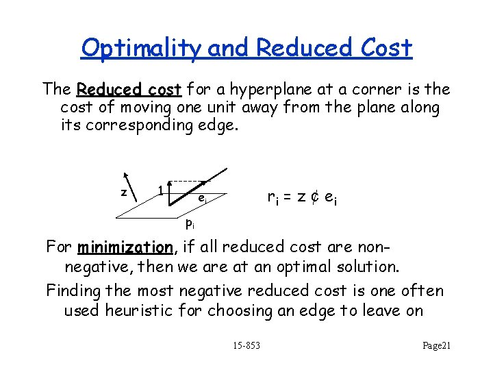 Optimality and Reduced Cost The Reduced cost for a hyperplane at a corner is