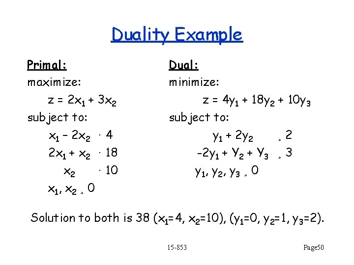 Duality Example Primal: maximize: z = 2 x 1 + 3 x 2 subject