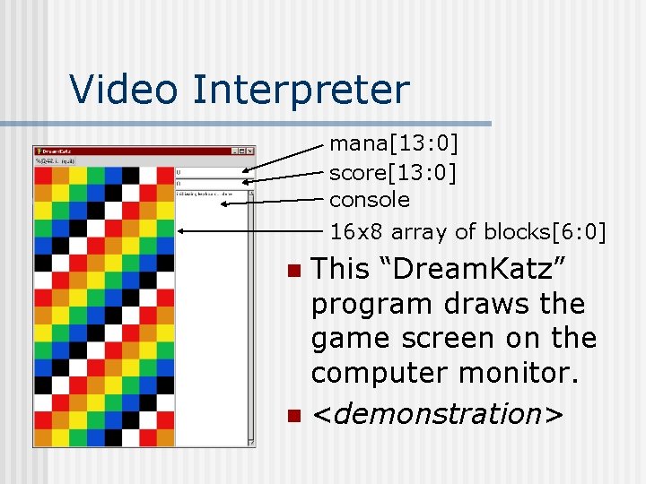 Video Interpreter mana[13: 0] score[13: 0] console 16 x 8 array of blocks[6: 0]
