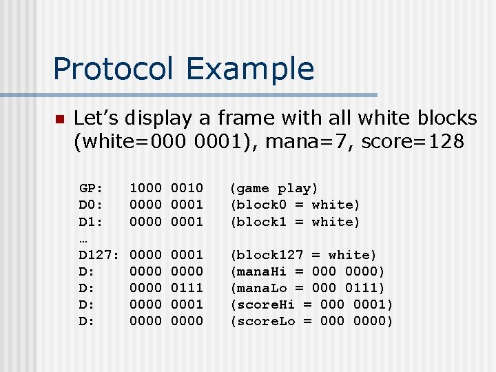 Protocol Example n Let’s display a frame with all white blocks (white=000 0001), mana=7,