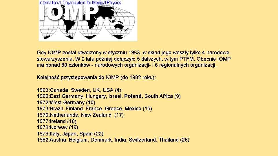 Gdy IOMP został utworzony w styczniu 1963, w skład jego weszły tylko 4 narodowe