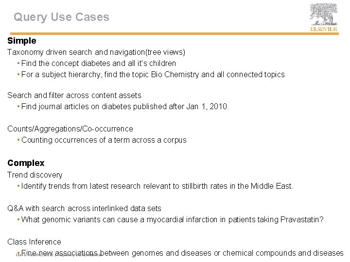 Query Use Cases Simple Taxonomy driven search and navigation(tree views) • Find the concept
