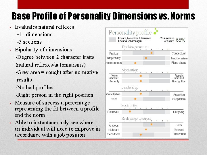 Base Profile of Personality Dimensions vs. Norms Evaluates natural reflexes -11 dimensions -5 sections