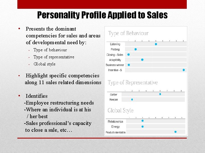 Personality Profile Applied to Sales • Presents the dominant competencies for sales and areas