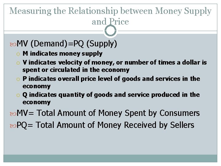 Measuring the Relationship between Money Supply and Price MV (Demand)=PQ (Supply) M indicates money