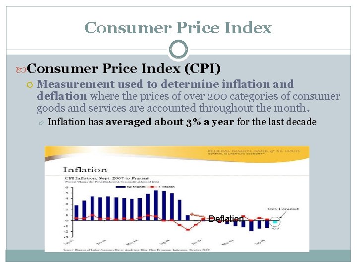 Consumer Price Index (CPI) Measurement used to determine inflation and deflation where the prices