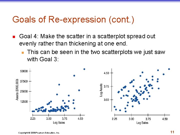 Goals of Re-expression (cont. ) n Goal 4: Make the scatter in a scatterplot