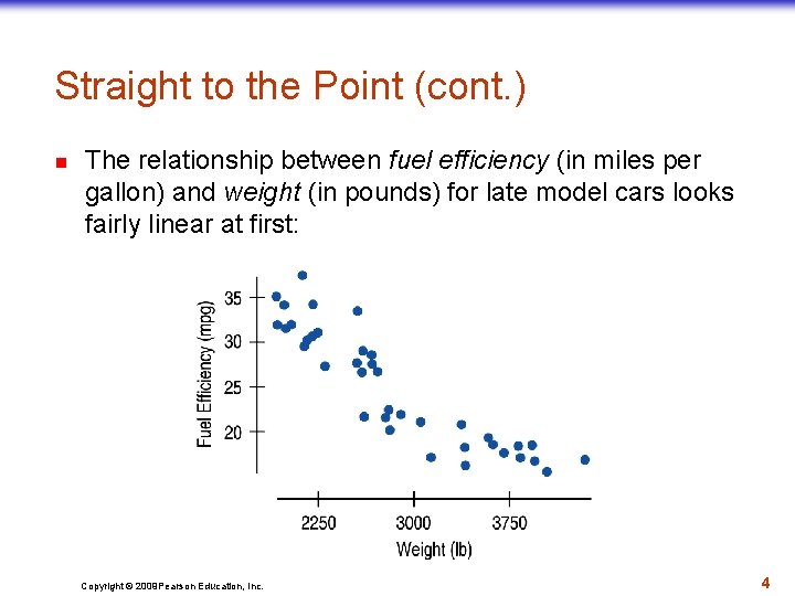 Straight to the Point (cont. ) n The relationship between fuel efficiency (in miles