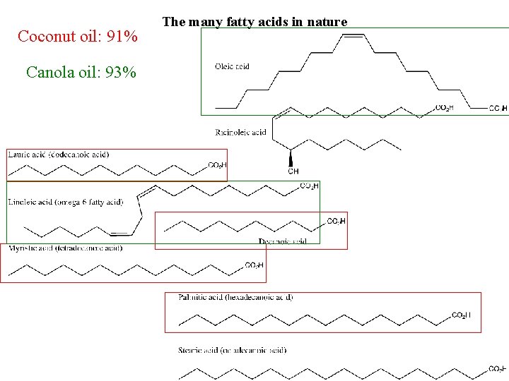 Coconut oil: 91% Canola oil: 93% The many fatty acids in nature 