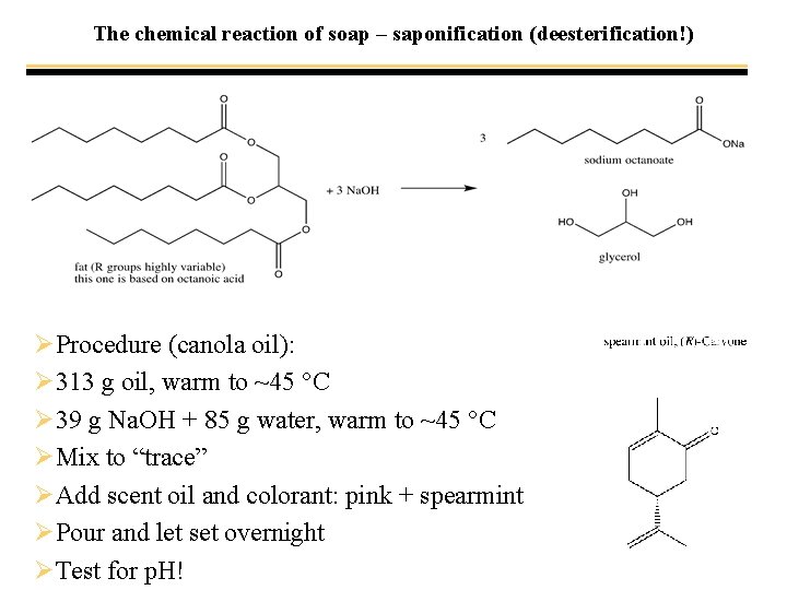 The chemical reaction of soap – saponification (deesterification!) ØProcedure (canola oil): Ø 313 g
