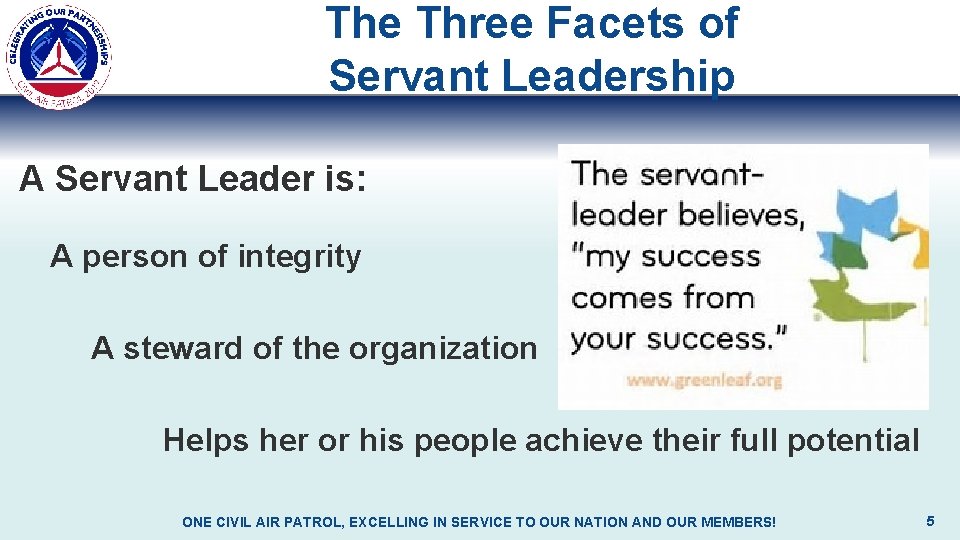 The Three Facets of Servant Leadership A Servant Leader is: A person of integrity