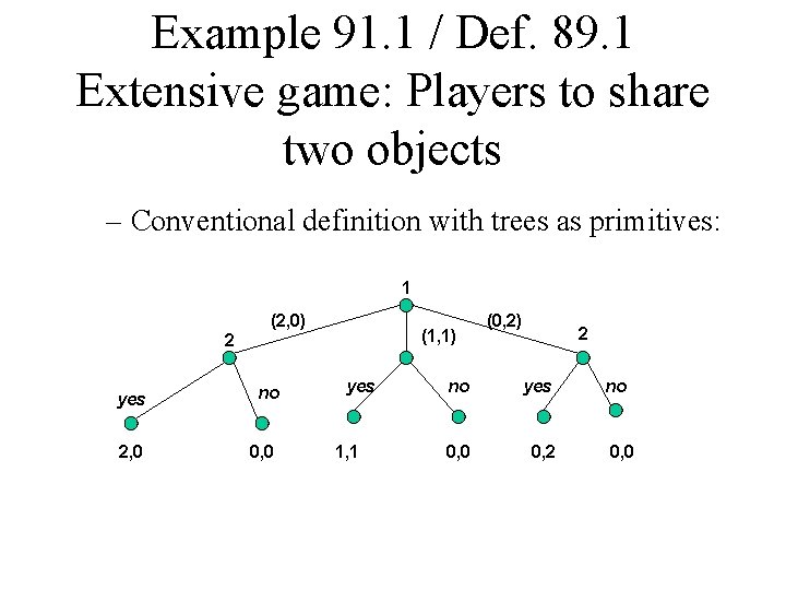 Example 91. 1 / Def. 89. 1 Extensive game: Players to share two objects