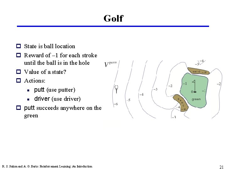 Golf p State is ball location p Reward of – 1 for each stroke