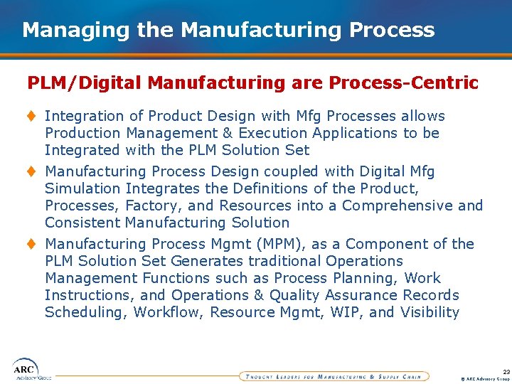 Managing the Manufacturing Process PLM/Digital Manufacturing are Process-Centric t Integration of Product Design with