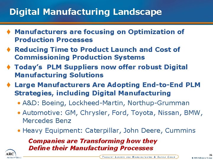 Digital Manufacturing Landscape t Manufacturers are focusing on Optimization of Production Processes t Reducing