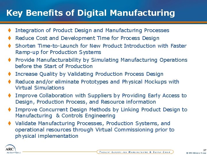 Key Benefits of Digital Manufacturing t Integration of Product Design and Manufacturing Processes t