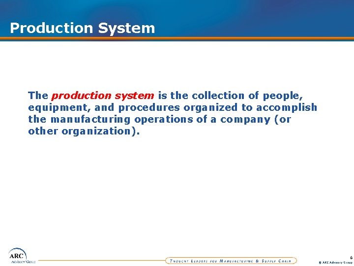 Production System The production system is the collection of people, equipment, and procedures organized