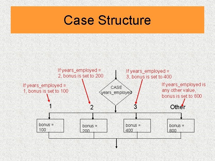 Case Structure If years_employed = 2, bonus is set to 200 If years_employed =