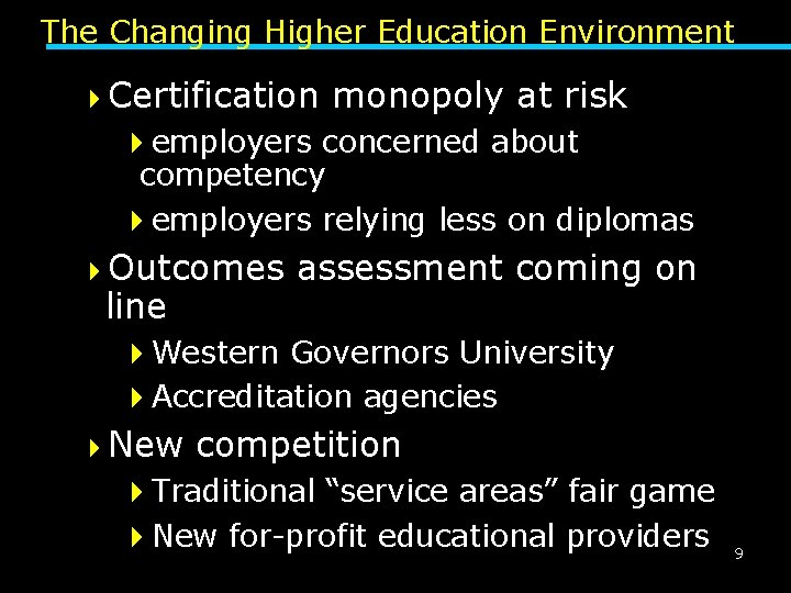 The Changing Higher Education Environment 4 Certification monopoly at risk 4 employers concerned about