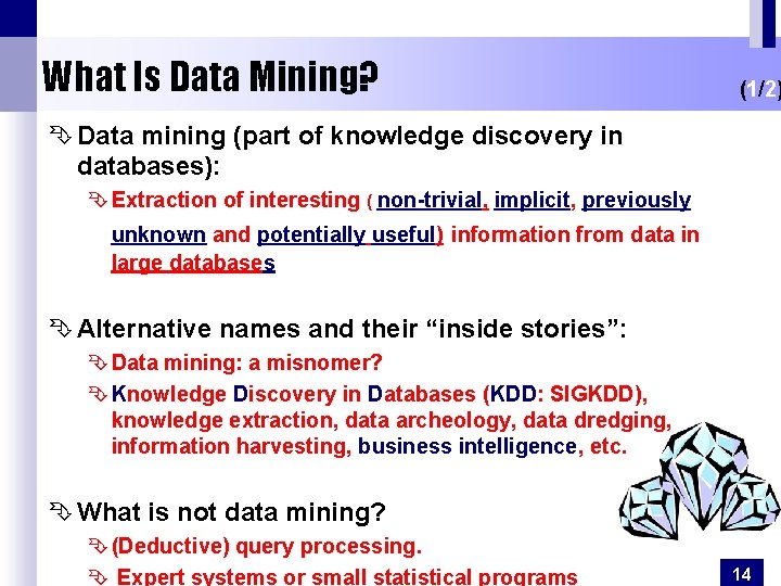 What Is Data Mining? (1/2) Ê Data mining (part of knowledge discovery in databases):