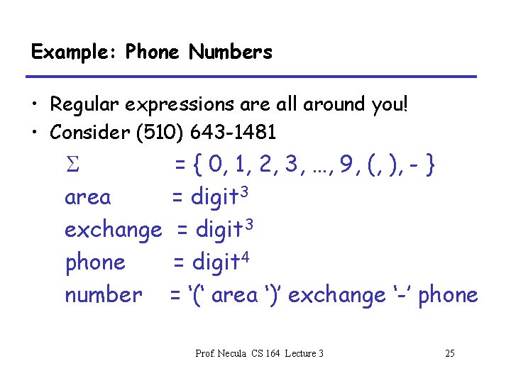 Example: Phone Numbers • Regular expressions are all around you! • Consider (510) 643