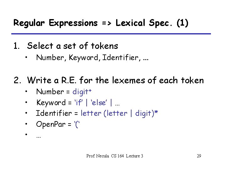 Regular Expressions => Lexical Spec. (1) 1. Select a set of tokens • Number,