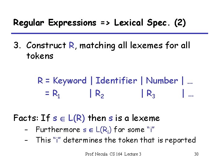 Regular Expressions => Lexical Spec. (2) 3. Construct R, matching all lexemes for all