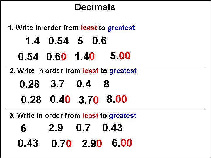 Decimals 1. Write in order from least to greatest 1. 4 0. 54 5