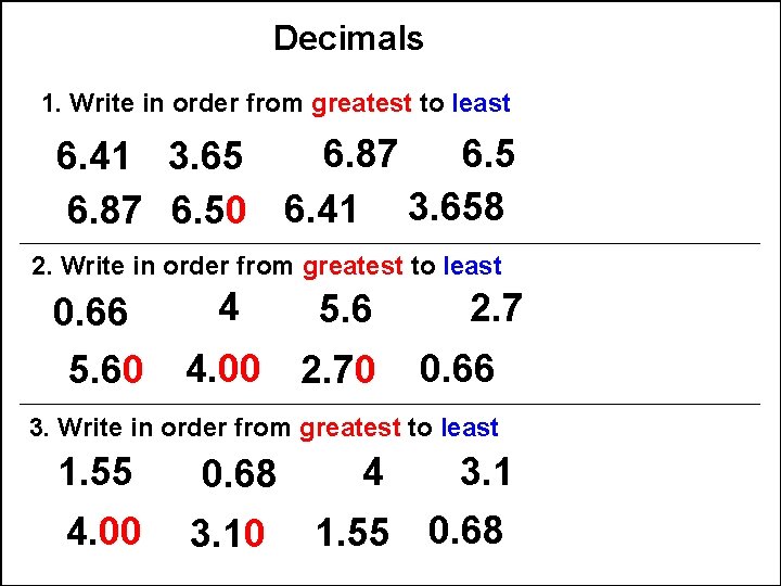 Decimals 1. Write in order from greatest to least 6. 5 6. 87 6.