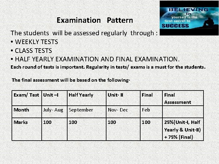 Examination Pattern The students will be assessed regularly through : • WEEKLY TESTS •