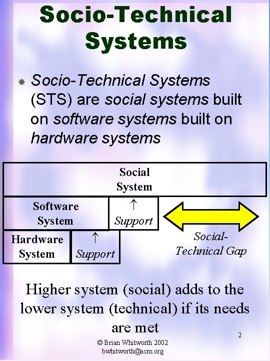 Socio-Technical Systems (STS) are social systems built on software systems built on hardware systems