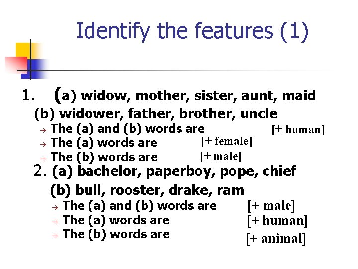 Identify the features (1) (a) widow, mother, sister, aunt, maid 1. (b) widower, father,